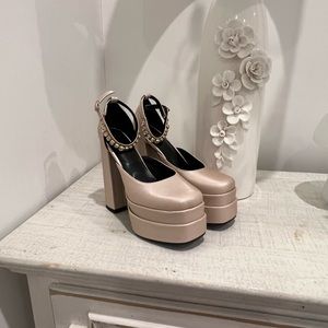 Pink Satin Platform Heels with embellished ankle strap. Never worn.